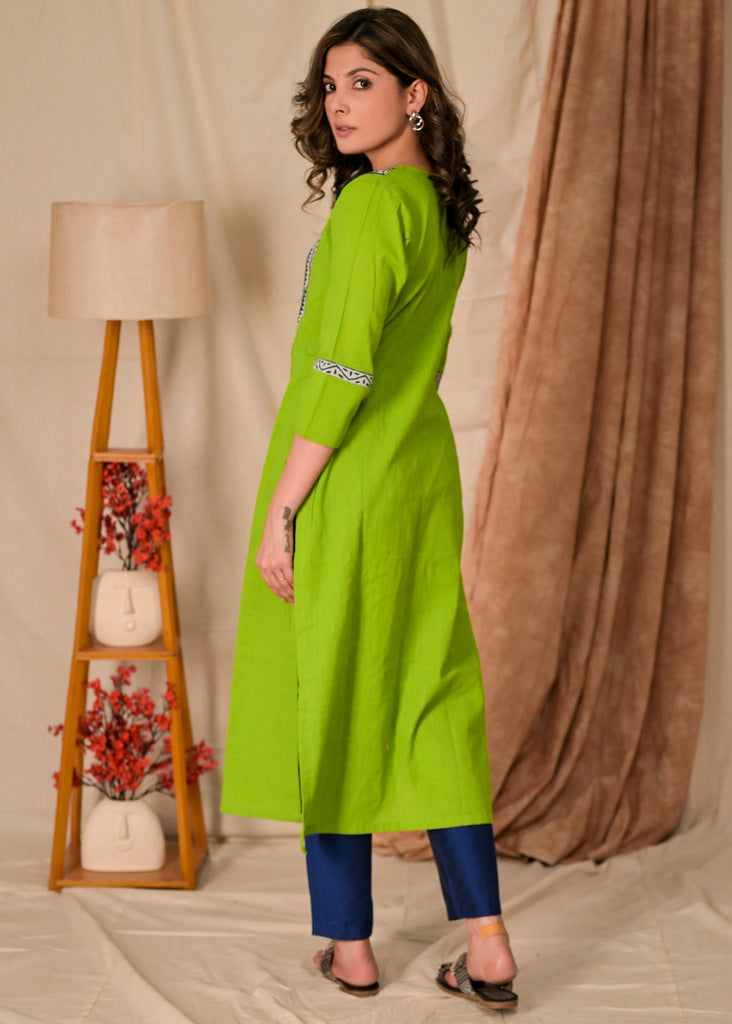 Exclusive Straight Cut Parrot Green Cotton Kurta with Indigo Yoke