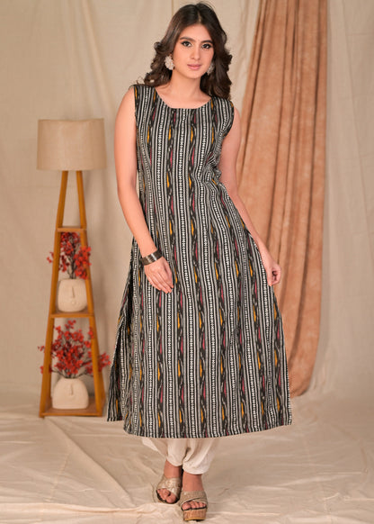 Beautiful A Line Sleeveless Black Cotton Ikat Kurta - Pant Optional