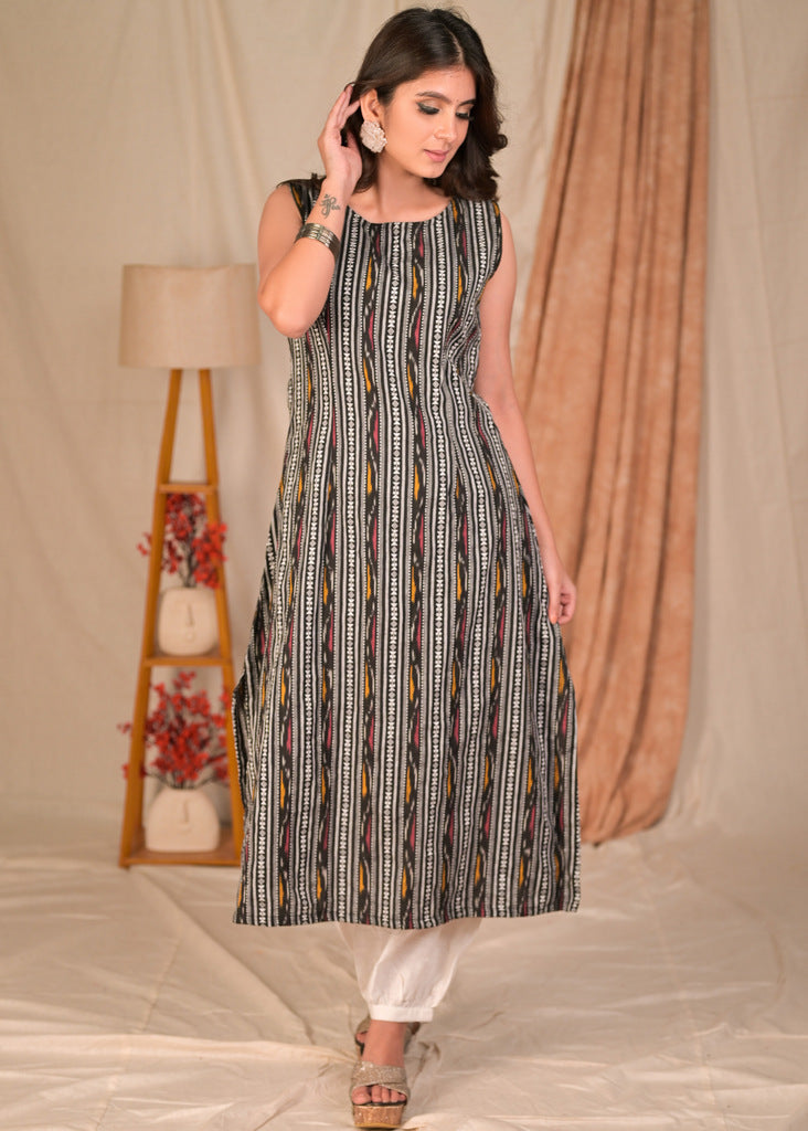 Beautiful A Line Sleeveless Black Cotton Ikat Kurta - Pant Optional