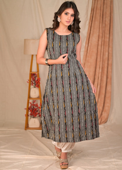 Beautiful A Line Sleeveless Black Cotton Ikat Kurta - Pant Optional