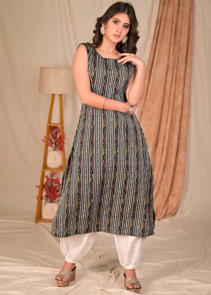 Beautiful A Line Sleeveless Black Cotton Ikat Kurta - Pant Optional