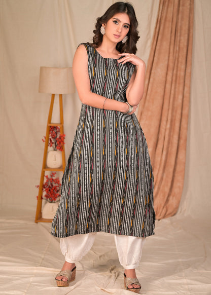 Beautiful A Line Sleeveless Black Cotton Ikat Kurta - Pant Optional