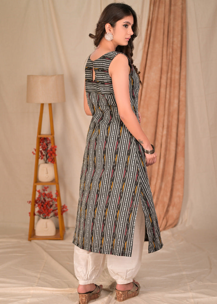 Beautiful A Line Sleeveless Black Cotton Ikat Kurta - Pant Optional