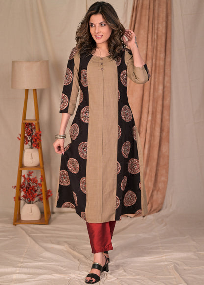 Classy A-Line Cotton and Ajrakh Combination Kurta - Pant Optional