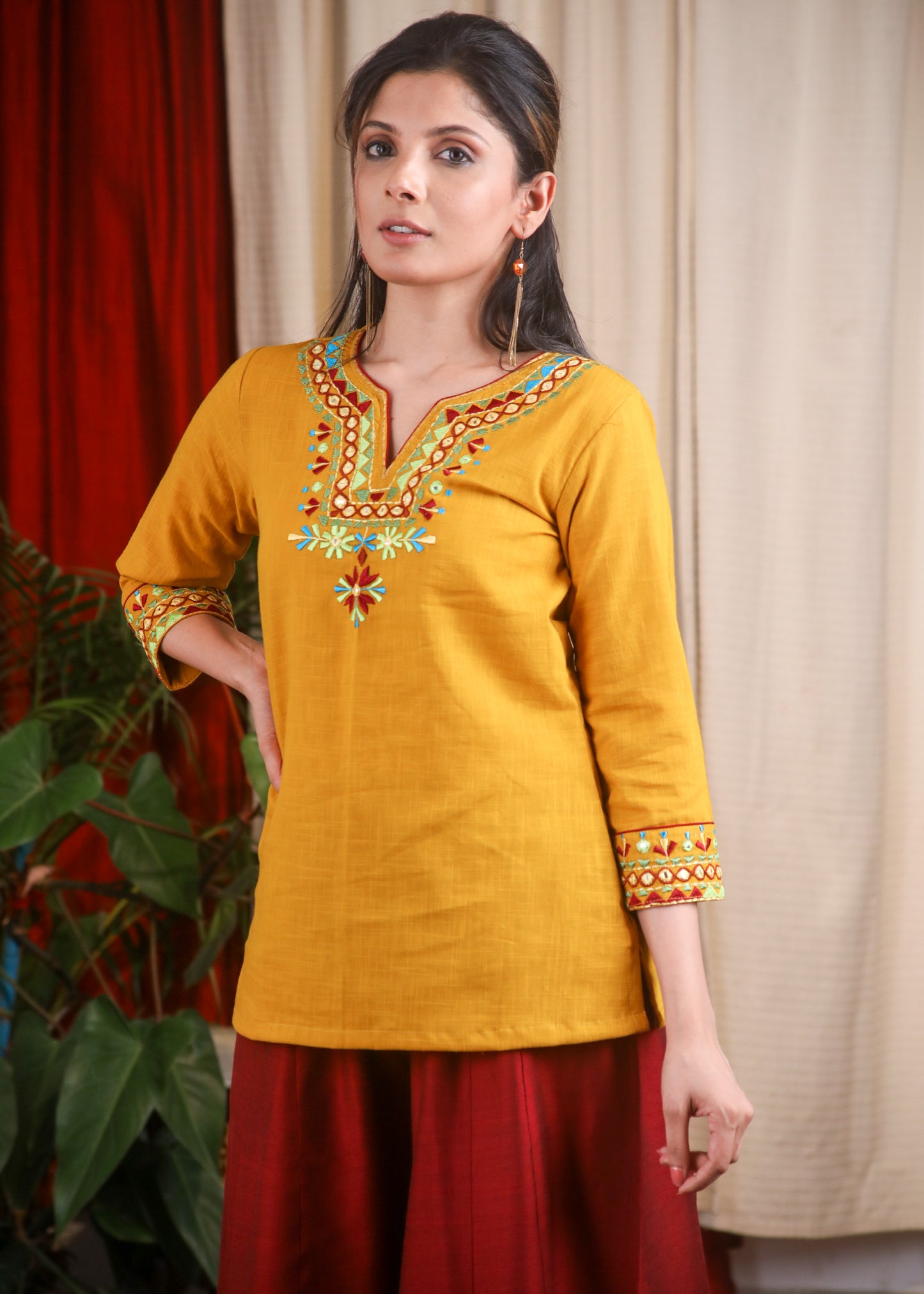 Mustard Cotton Embroidery Top