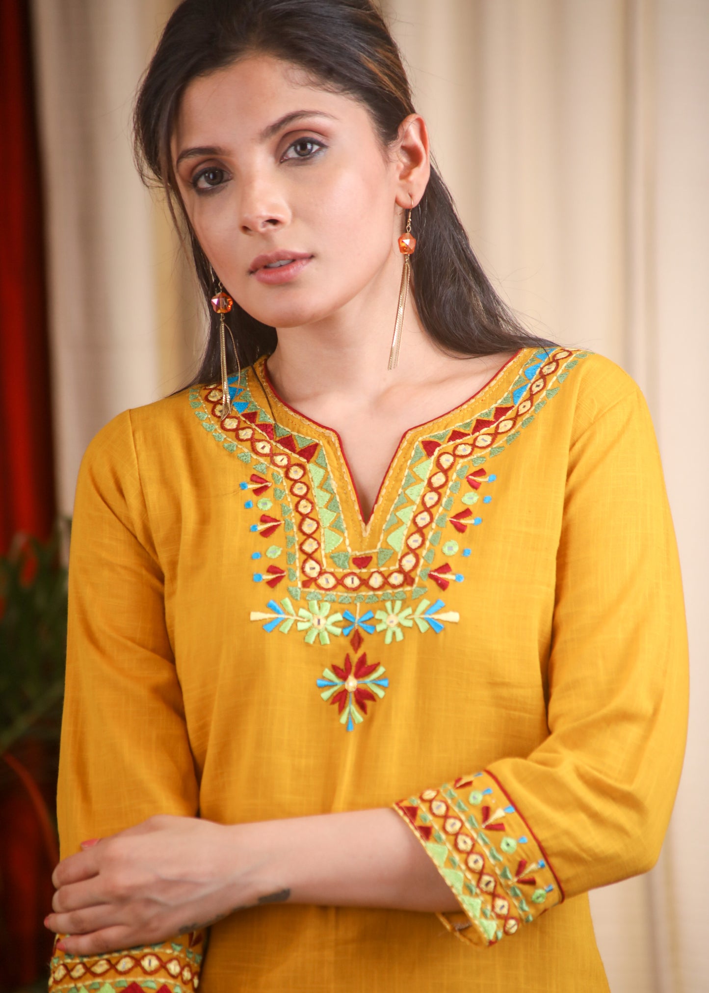 Mustard Cotton Embroidery Top