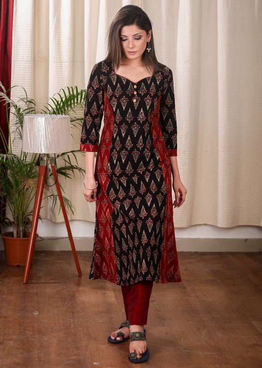 Beautifully Combined Cotton Ajrakh Kurta With Wooden Beads