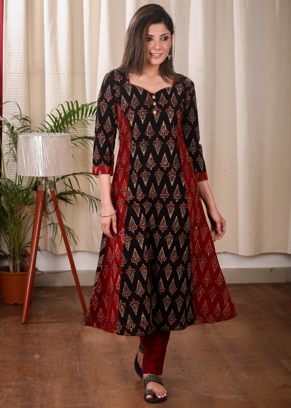 Beautifully Combined Cotton Ajrakh Kurta With Wooden Beads