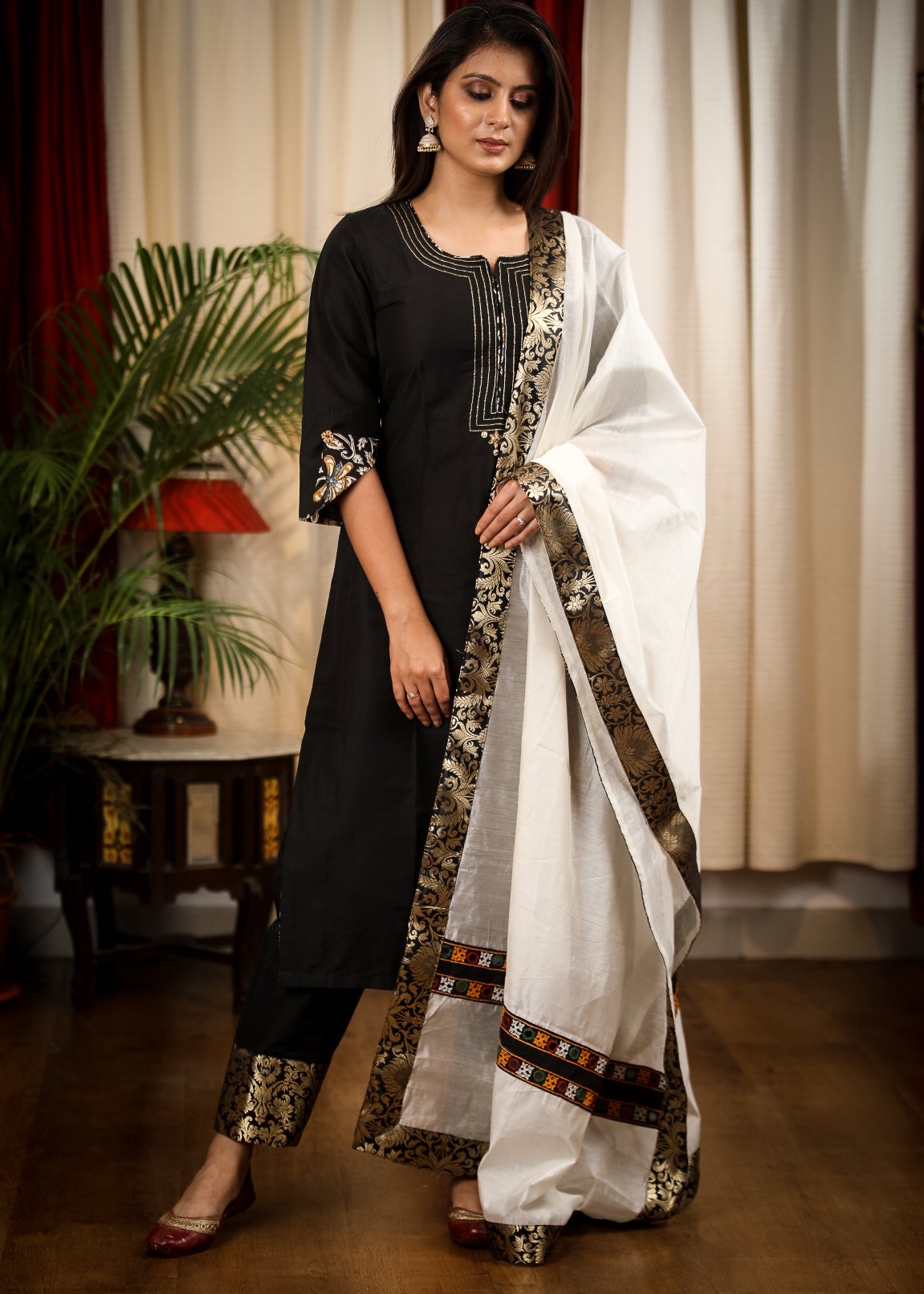 Black Cotton Silk Hand Zardosi Work Kurta