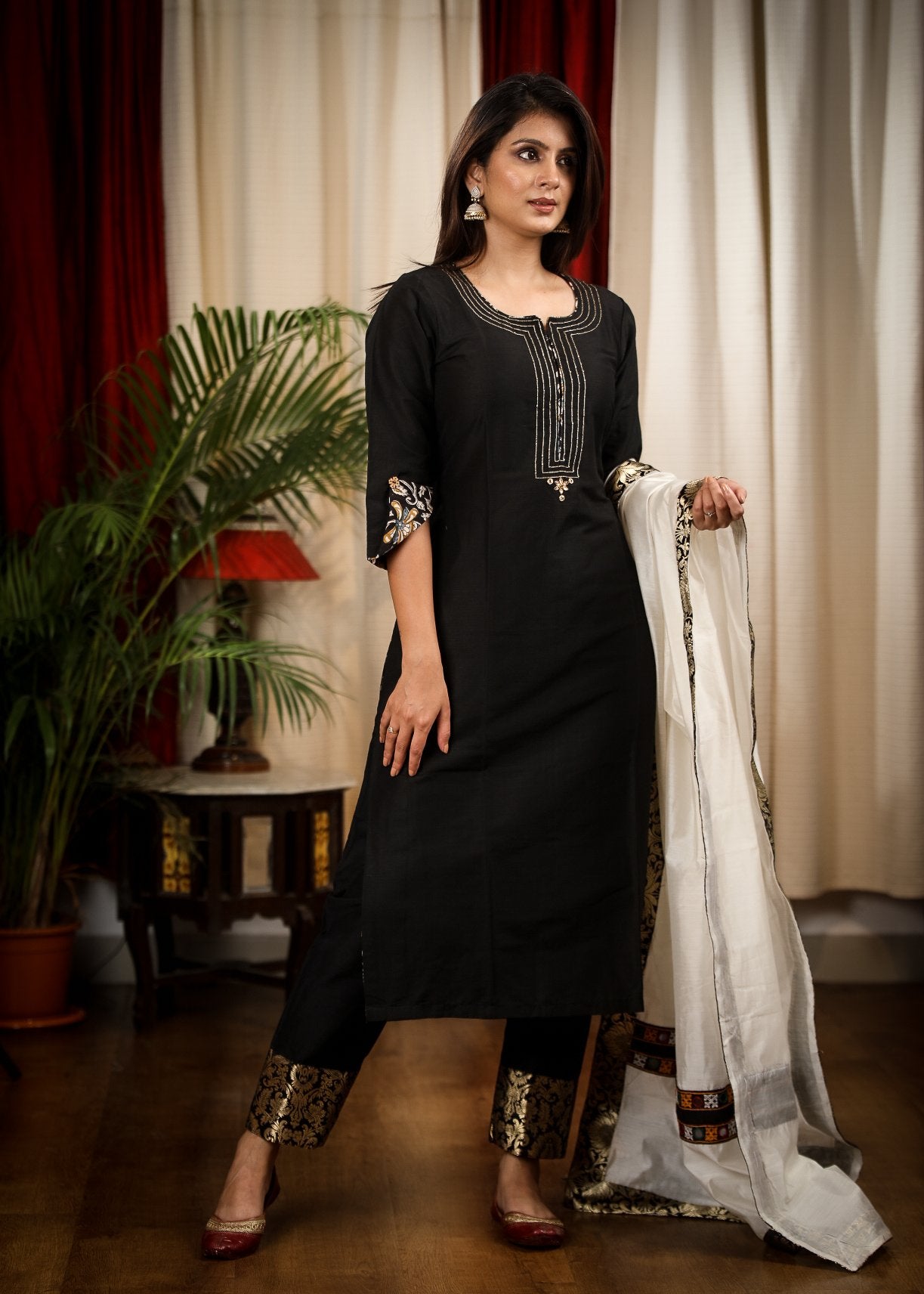 Black Cotton Silk Hand Zardosi Work Kurta