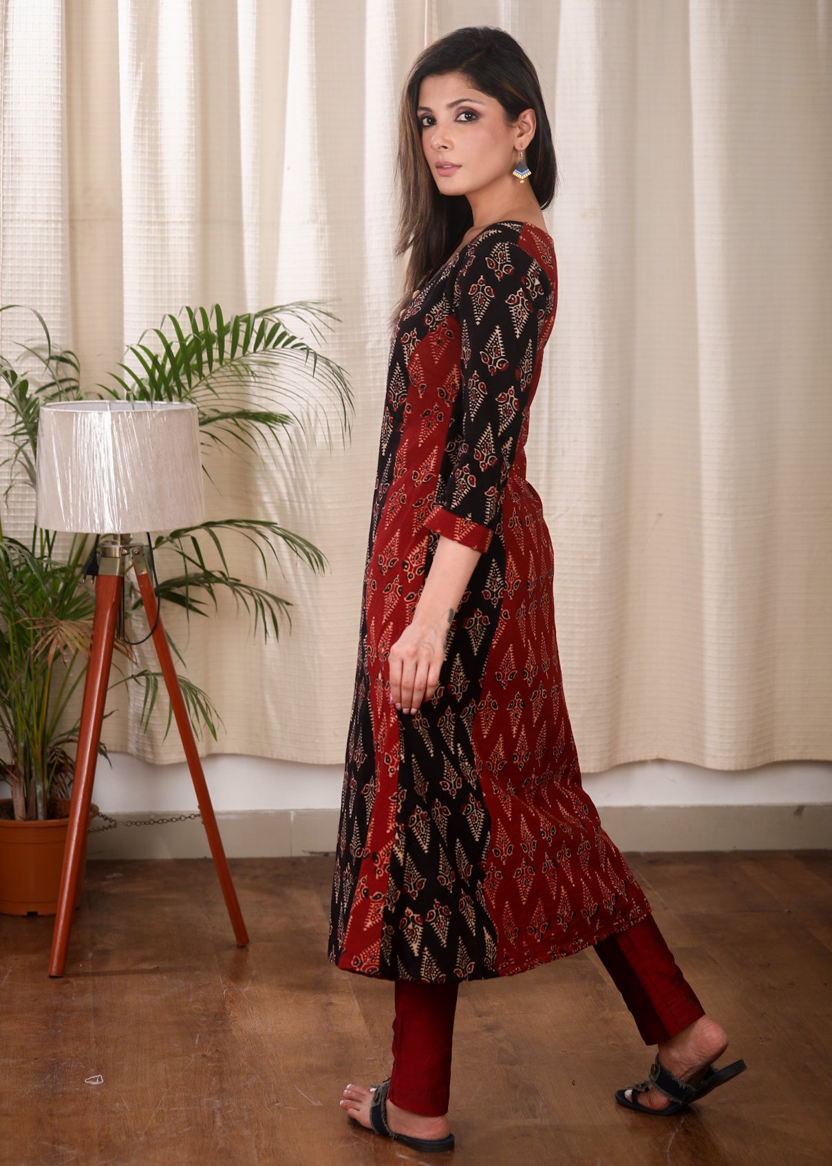Beautifully Combined Cotton Ajrakh Kurta With Wooden Beads