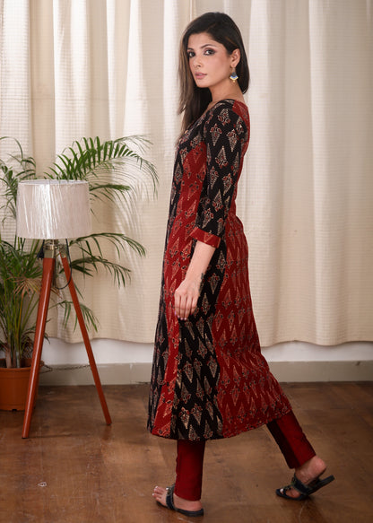 Beautifully Combined Cotton Ajrakh Kurta With Wooden Beads