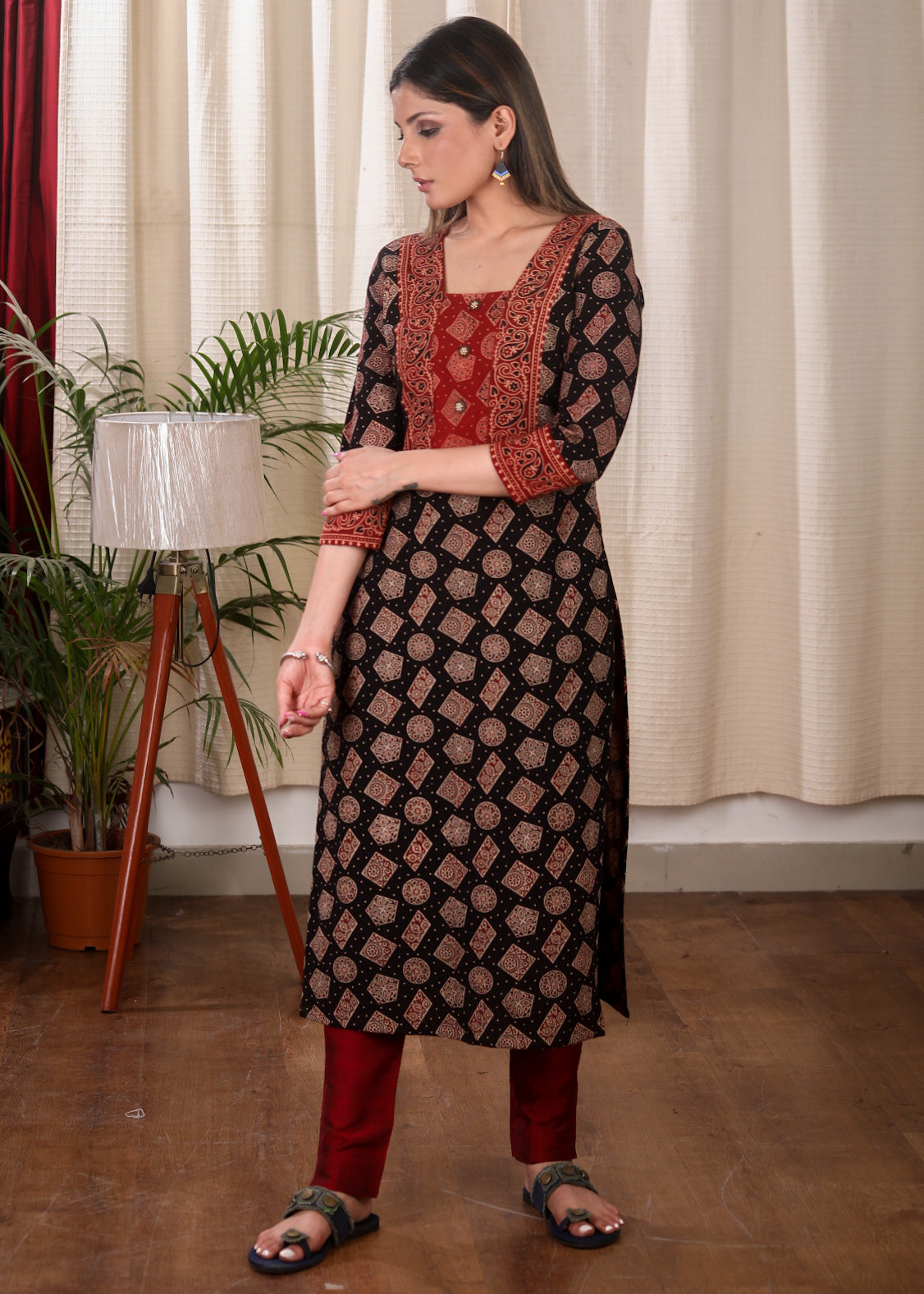 Trendy Straight Cut pure Ajrakh Cotton Kurta With Contrast Yoke and Elegant Buttons