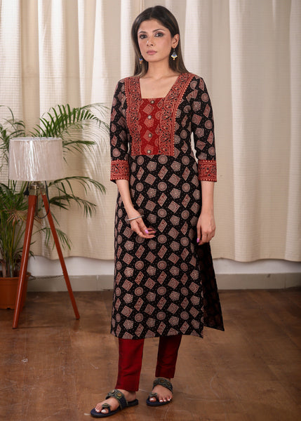 Trendy Straight Cut pure Ajrakh Cotton Kurta With Contrast Yoke and Elegant Buttons
