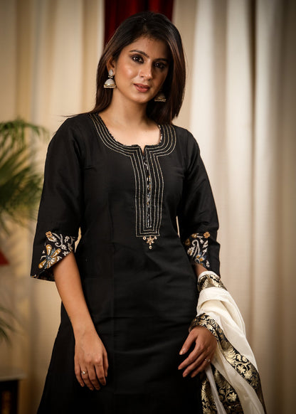 Black Cotton Silk Hand Zardosi Work Kurta