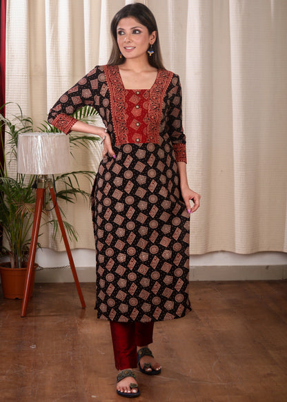 Trendy Straight Cut pure Ajrakh Cotton Kurta With Contrast Yoke and Elegant Buttons
