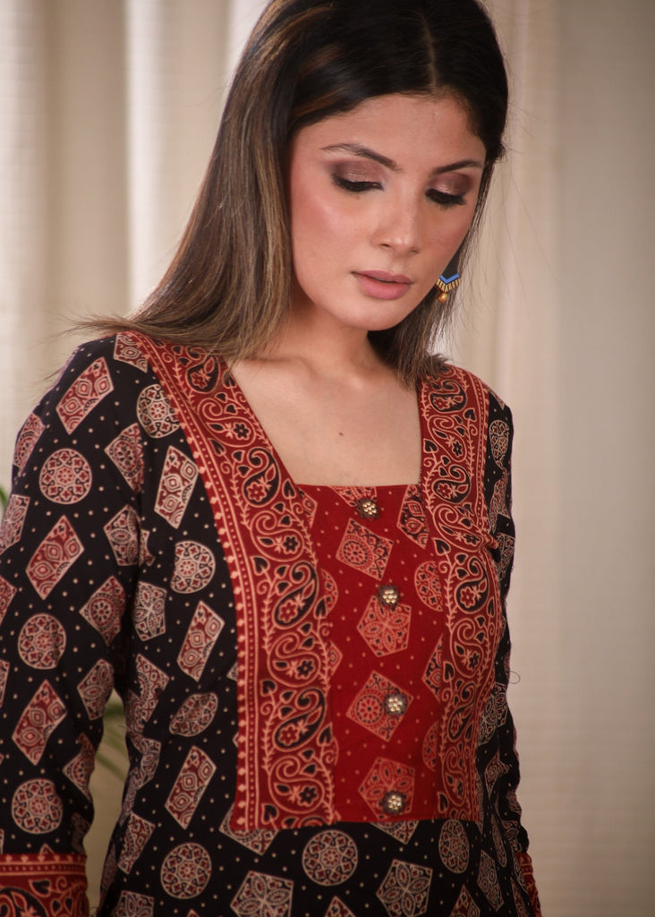 Trendy Straight Cut pure Ajrakh Cotton Kurta With Contrast Yoke and Elegant Buttons