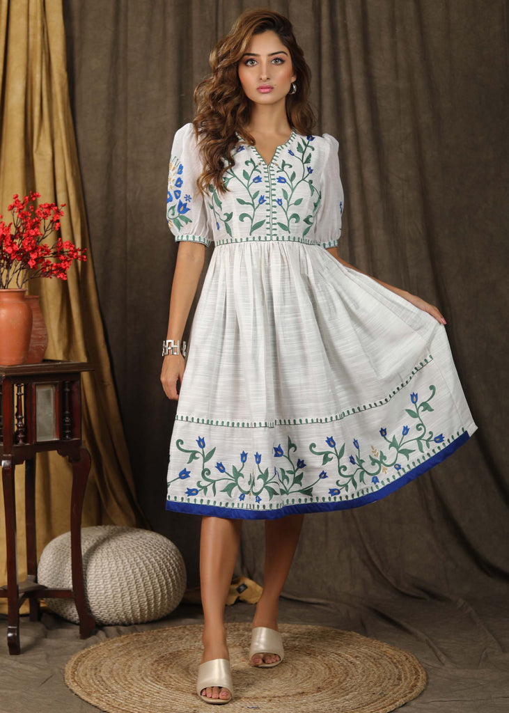 Stylish classic white  cotton silk gathered dress with elegant embroidery paired with chanderi sleeves