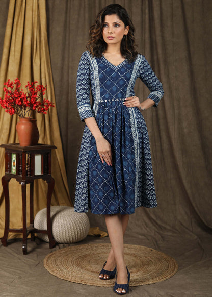 Beautiful indigo gathered dress with coin embellishments