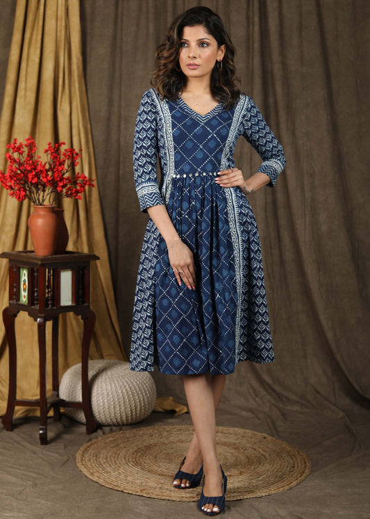 Beautiful indigo gathered dress with coin embellishments