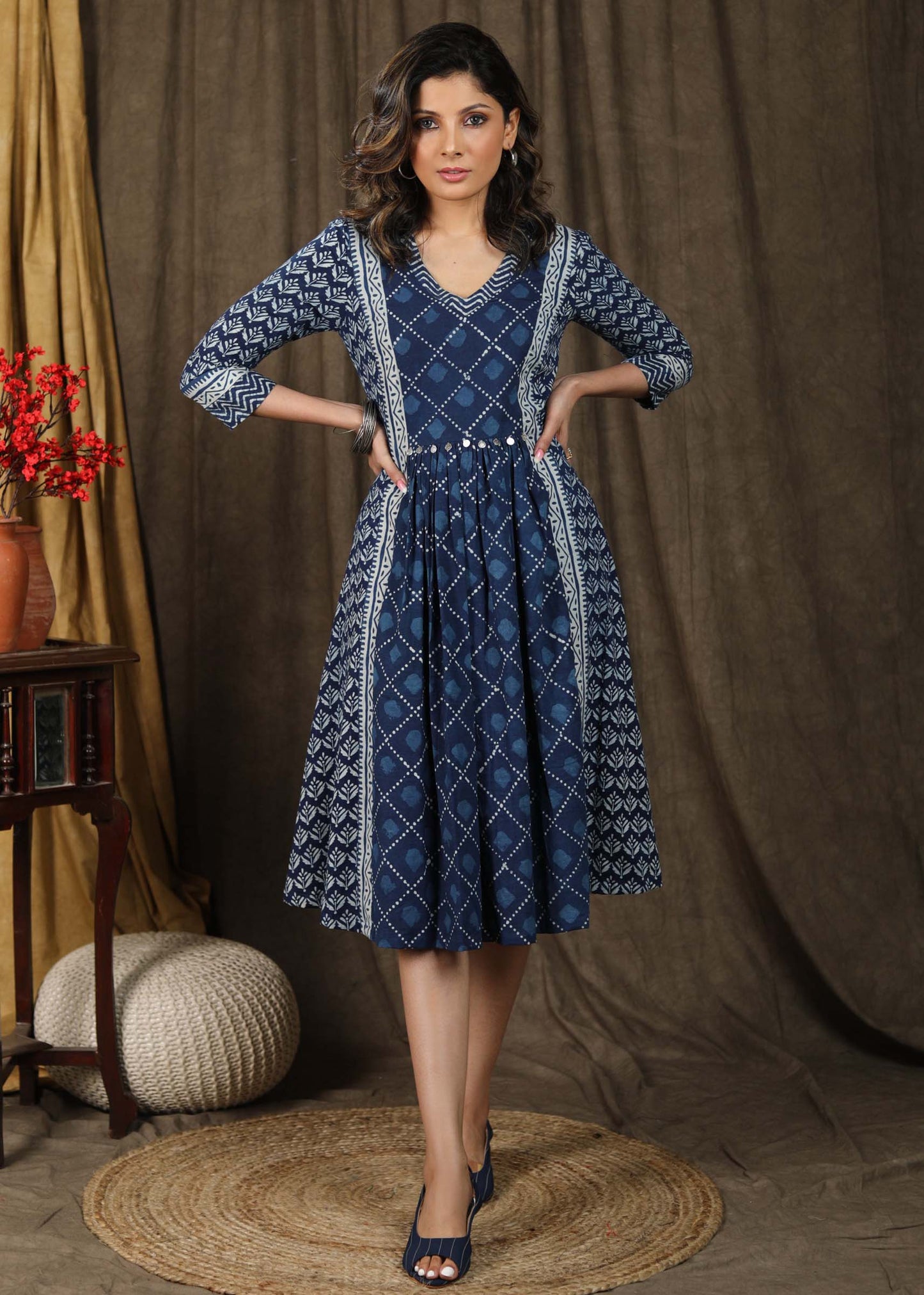 Beautiful indigo gathered dress with coin embellishments