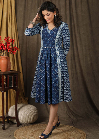 Beautiful indigo gathered dress with coin embellishments