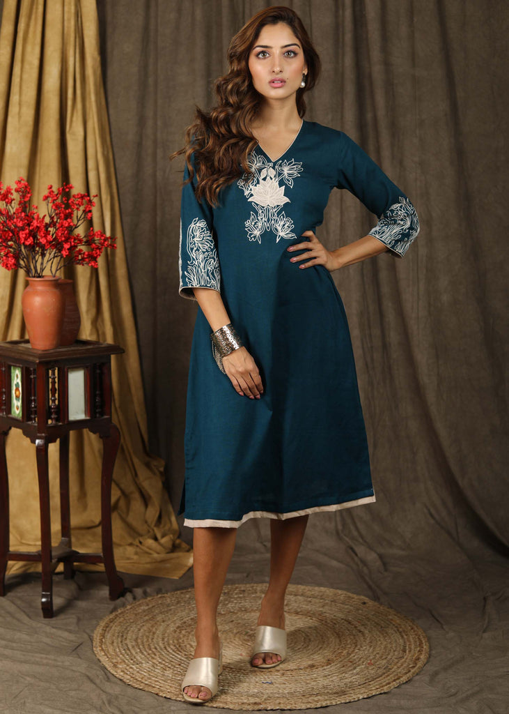 Exclusive teal A-line dress with beautiful minimal embroidery