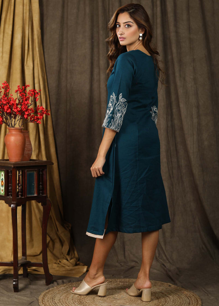 Exclusive teal A-line dress with beautiful minimal embroidery