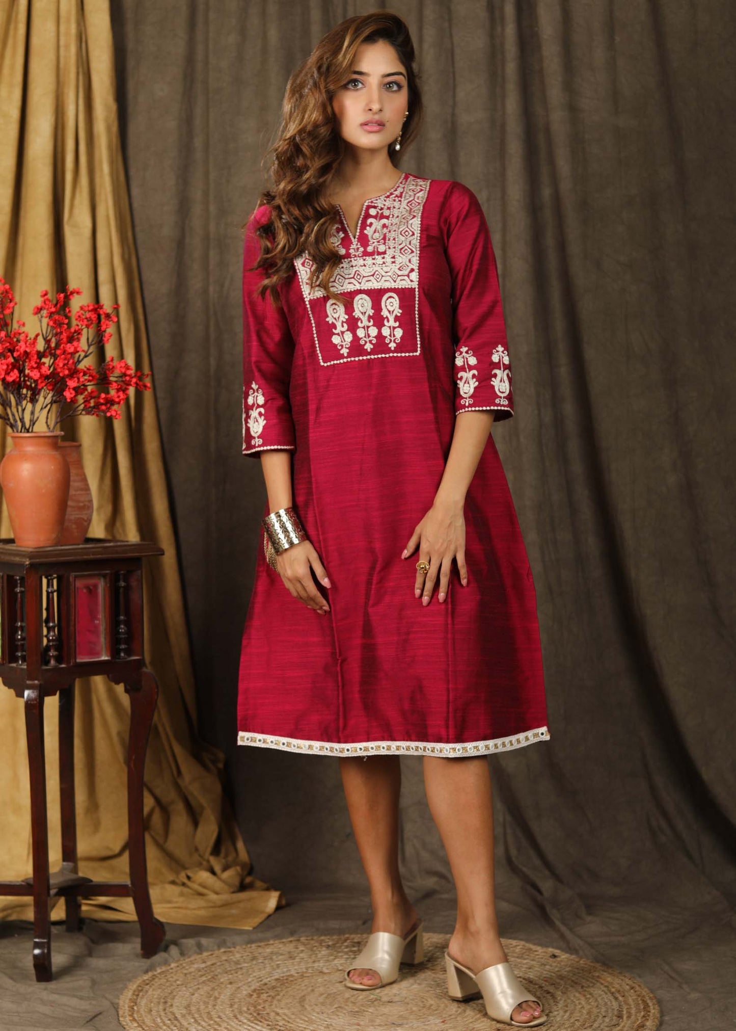 Exclusive magenta cotton silk tunic dress with beautiful zari embroidery on yoke and sleeves