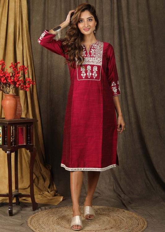 Exclusive magenta cotton silk tunic dress with beautiful zari embroidery on yoke and sleeves