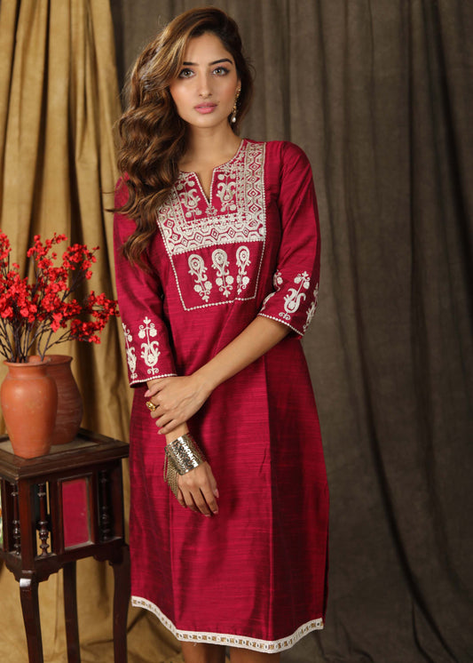 Exclusive magenta cotton silk tunic dress with beautiful zari embroidery on yoke and sleeves
