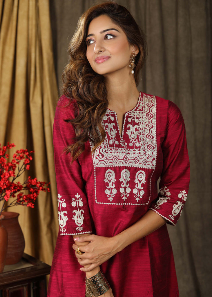 Exclusive magenta cotton silk tunic dress with beautiful zari embroidery on yoke and sleeves