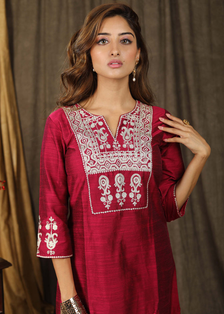 Exclusive magenta cotton silk tunic dress with beautiful zari embroidery on yoke and sleeves