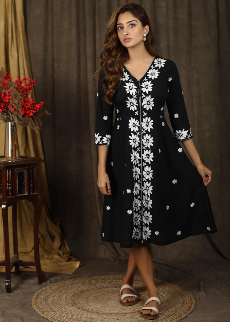 Classy black A-line dress with overall floral embroidery