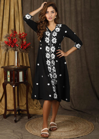 Classy black A-line dress with overall floral embroidery