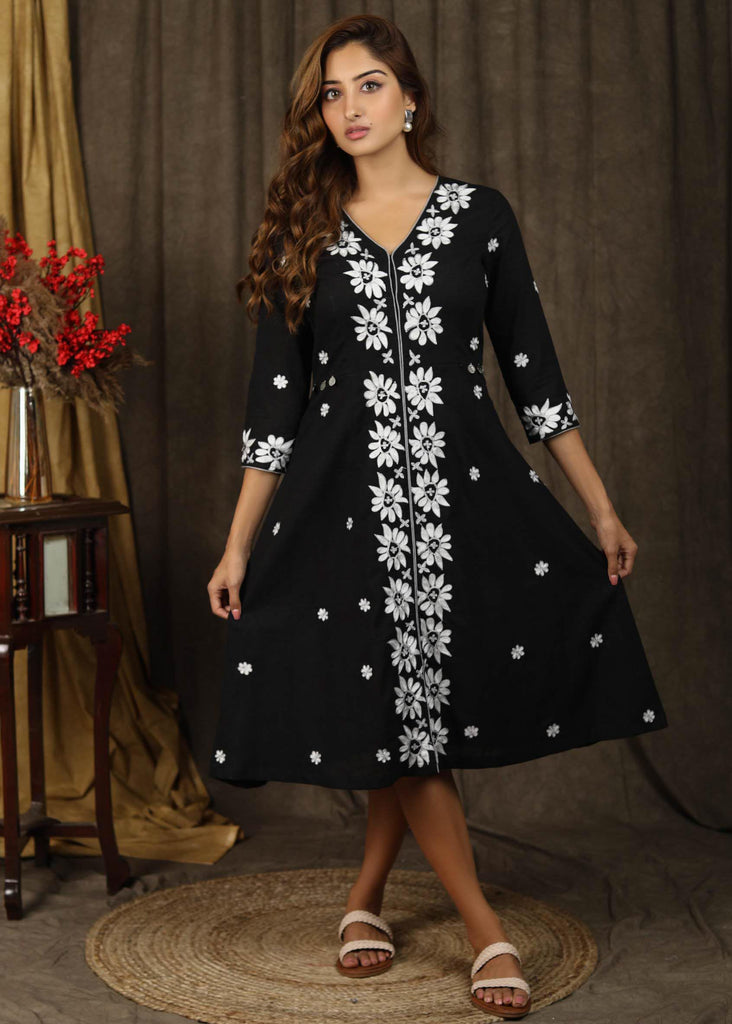 Classy black A-line dress with overall floral embroidery
