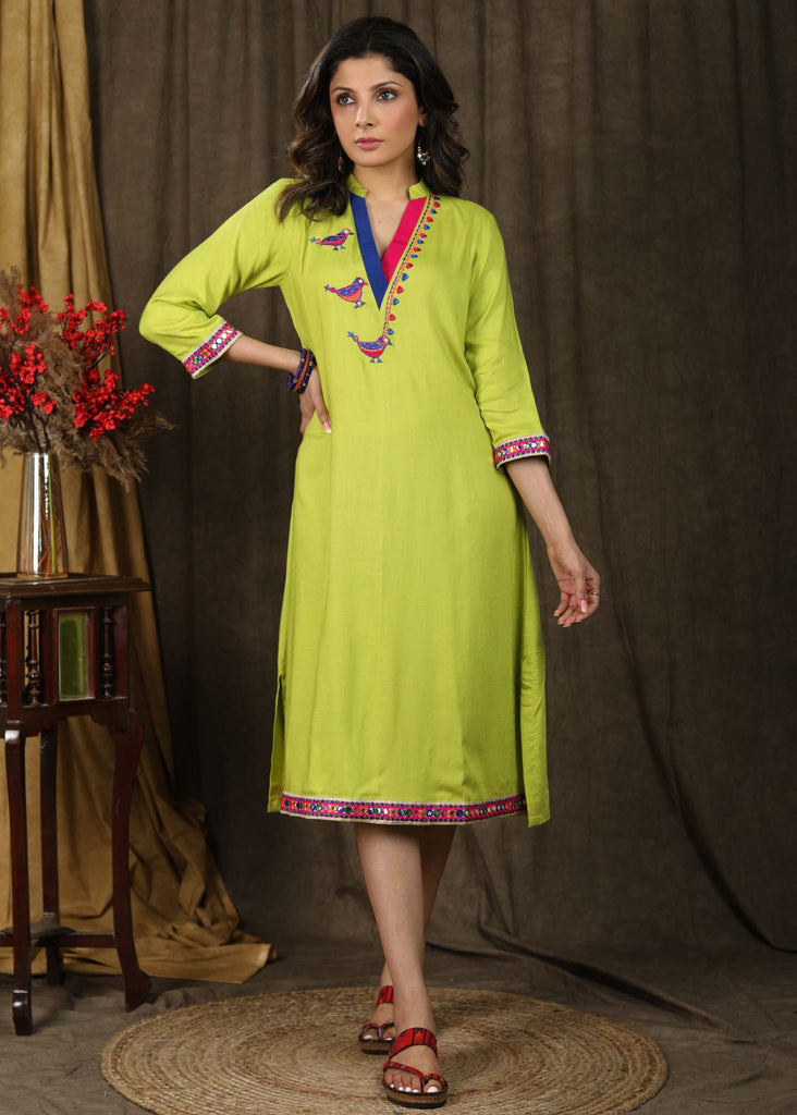 Stylish parrot green tunic dress with sparrow embroidery on yoke highlighted with elegant multicolor lace