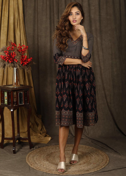 Beautiful Ajrakh combination gathered dress