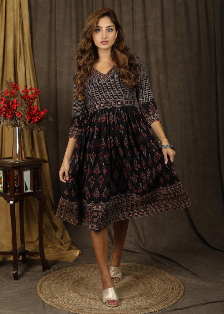 Beautiful Ajrakh combination gathered dress