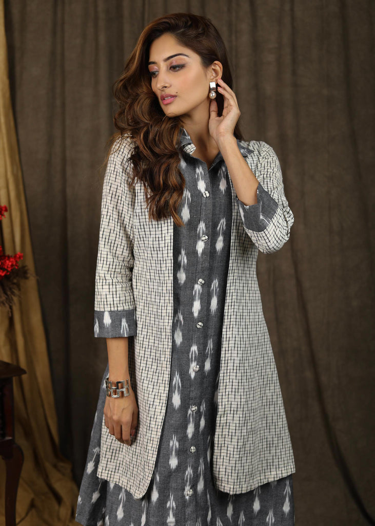 Smart casual grey ikat attached jacket dress