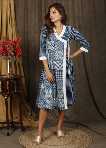 Exclusive indigo patchwork overlap dress