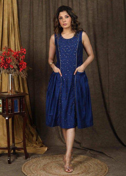 Trendy Royal blue cotton silk dress with front embroidery panel and deep pockets on the edge
