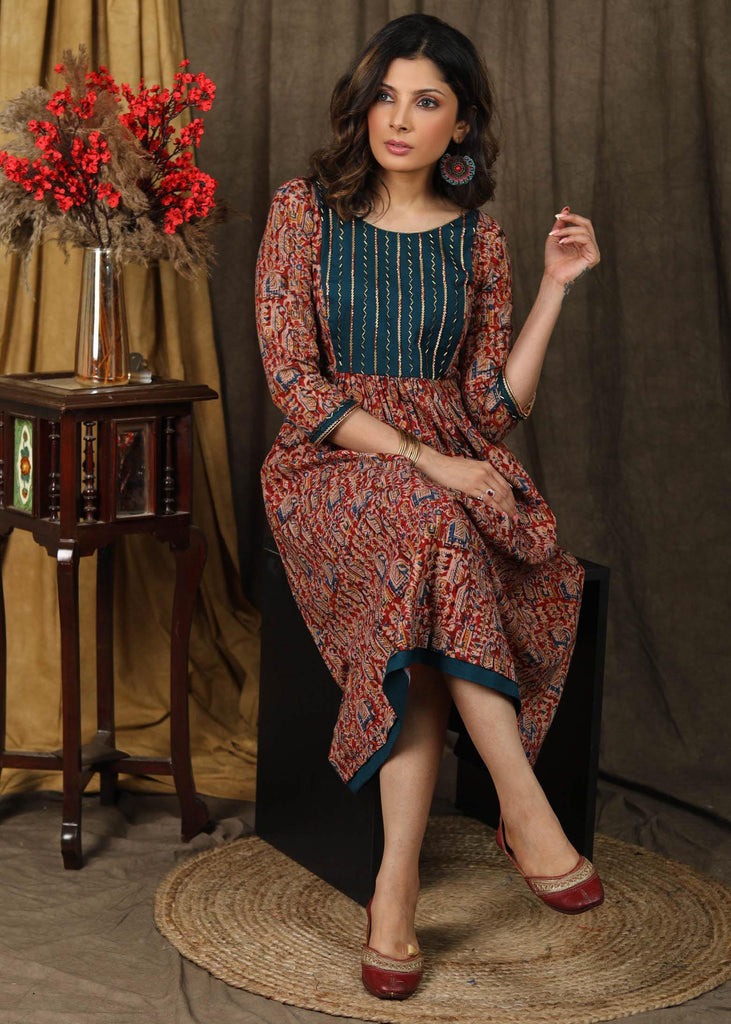Elegant kalamkari dress with beautilful teal embroidered yoke