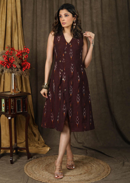 Trendy wine ikat overalp dress highlighted with classy wooden buttons