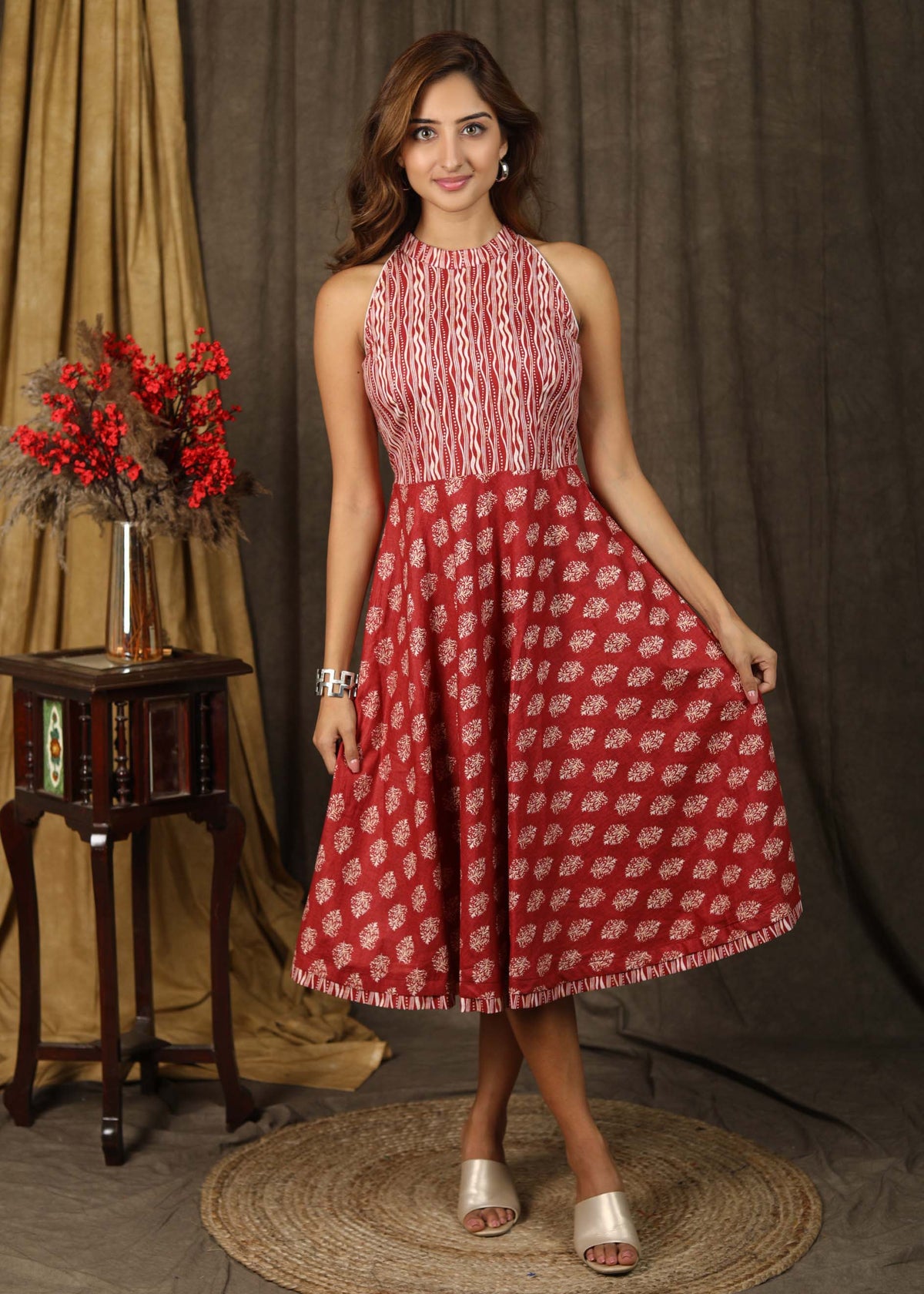 Trendy printed combination halter neck dress