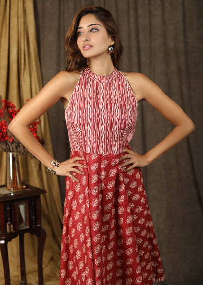 Trendy printed combination halter neck dress