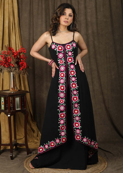 Classy black boho inspired strappy maxi dress with floral embroidery on front layer with optional georgette shrug