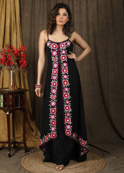 Classy black boho inspired strappy maxi dress with floral embroidery on front layer with optional georgette shrug