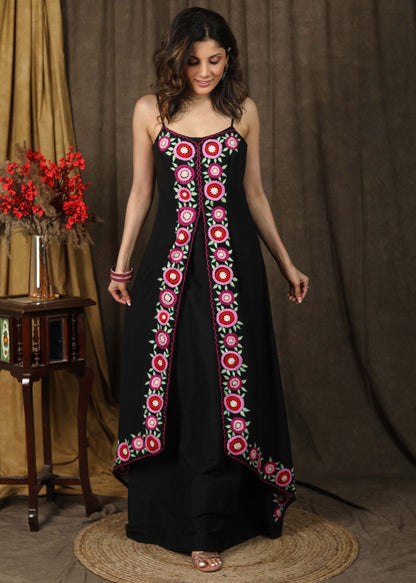 Classy black boho inspired strappy maxi dress with floral embroidery on front layer with optional georgette shrug
