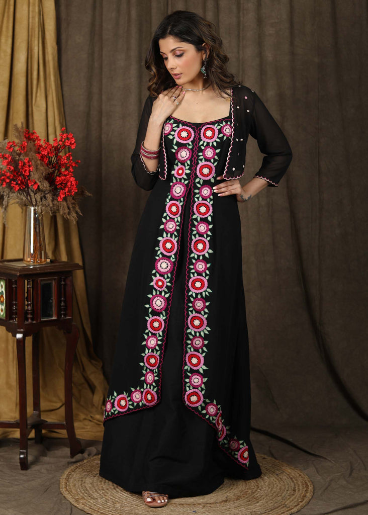 Classy black boho inspired strappy maxi dress with floral embroidery on front layer with optional georgette shrug